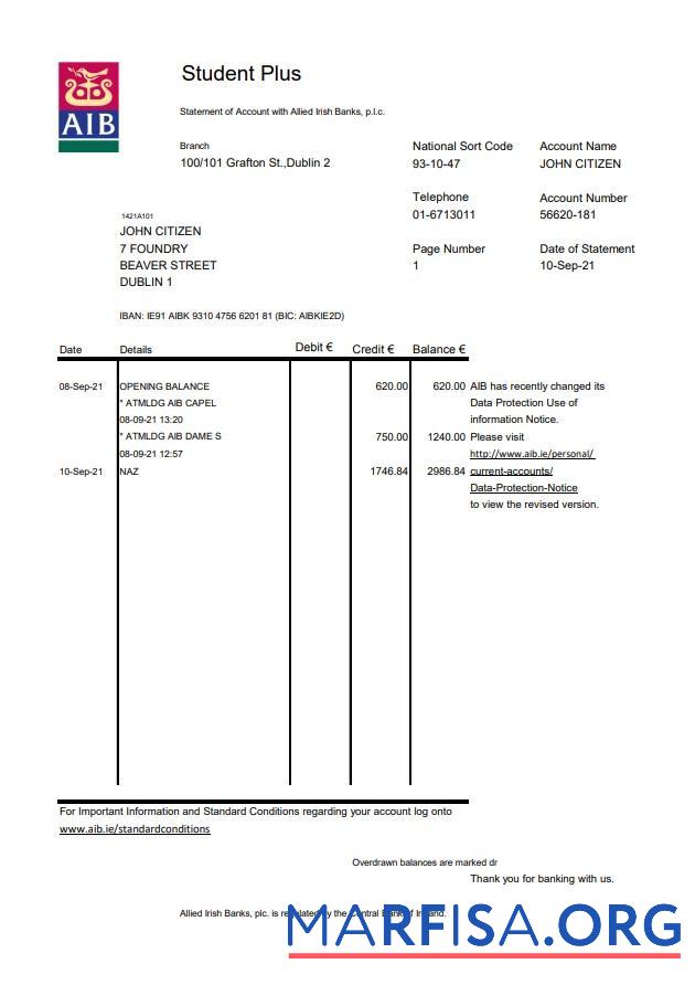Realistic Ireland AIB bank statement excel sample